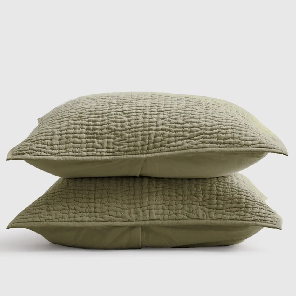 NWOT Quince European Linen Cotton Stitch Shams (Olive) Standard Size